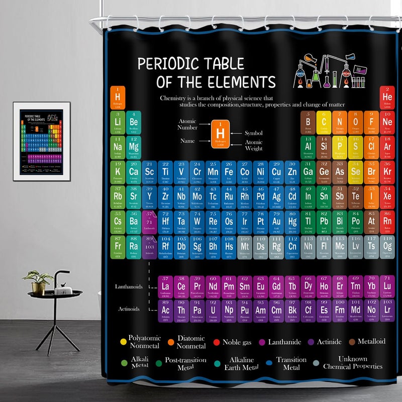 Riyidecor Periodic Table of Elements Shower Curtain Colorful Science Technology Kids Chemical School Student Waterproof Fabric Polyester Bathroom Decor Set 72x72 Inch 12 Pack Plastic Hooks - Image 1